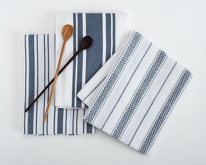 Kitchen Towels Set – Pack Of 3 (20’’ x 30’’) Extra Large Premium Cotton Dish Towels for Kitchen – Absorbent – 100% Cotton – with Hanging Loop – Blue Grey Multi Design Striped