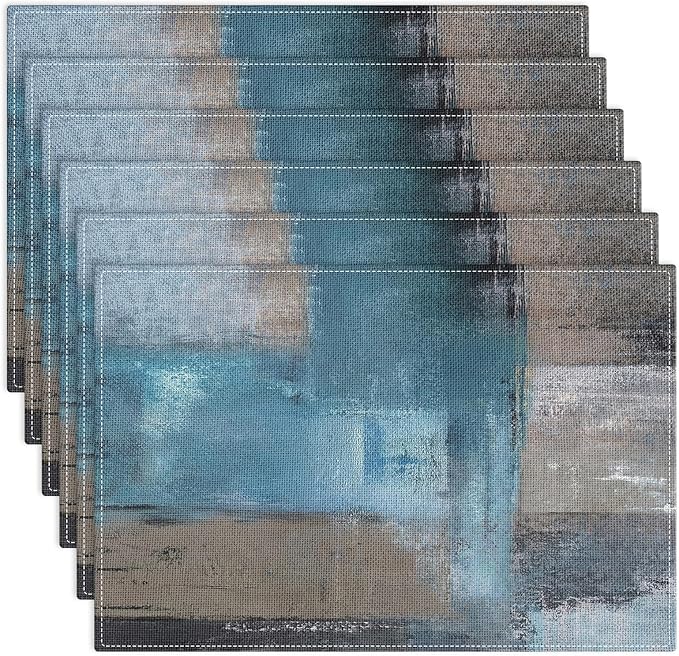 Emvency Farmhouse Placemats Set of 6, Modern Coastal Teal Blue 12x18 Inch Linen Rectangular Place Abstract Gray Table Mats for Indoors & Outdoor Home Party Kitchen Dining Decoration