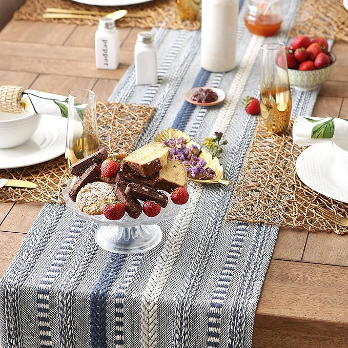 DII Farmhouse Braided Stripe Table Runner Collection, 15x108 (15x113, Fringe Included), French Blue