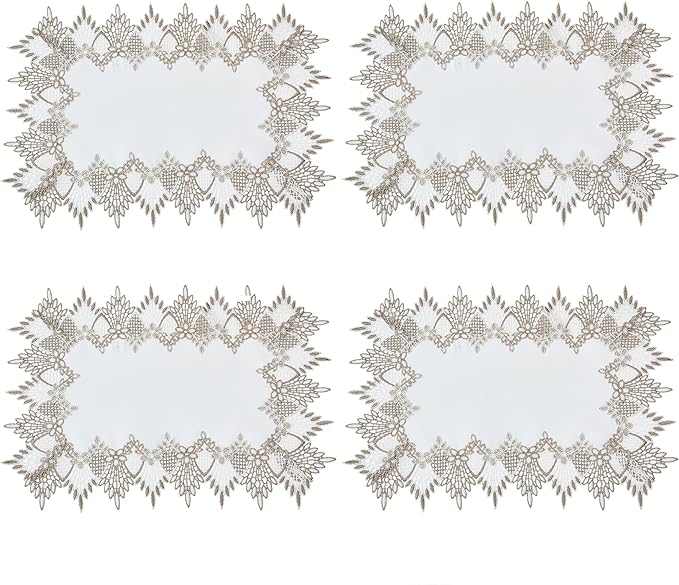 White Linen Placemats 14”x20” Set of 4, Neutral Earth Tones Beige Lace Coffee Table Topper Dresser Scarf Place Mats (Set of 4, White)