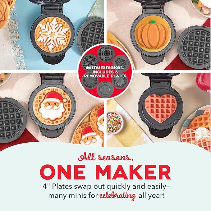 Dash Holiday MultiMaker Mini System - Includes Seasonal Snowflake, Pumpkin, Heart, Santa, and Classic Waffle Plates - Red, Six 4-Inch Removable Plates