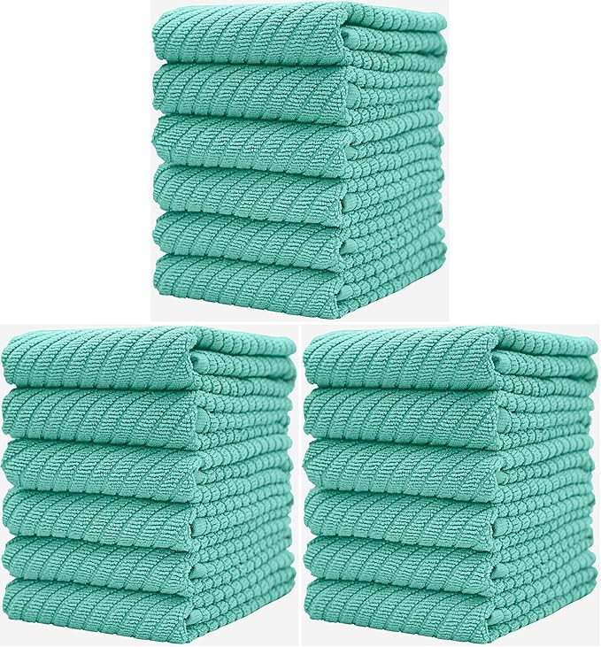 Premium Kitchen Towels (16”x 25”, 18 Pack) | Large Cotton Kitchen Hand Towels | Dish Towels | Diagonal Weave Design | 445 GSM Highly Absorbent Tea Towels Set with Hanging Loop | Aqua