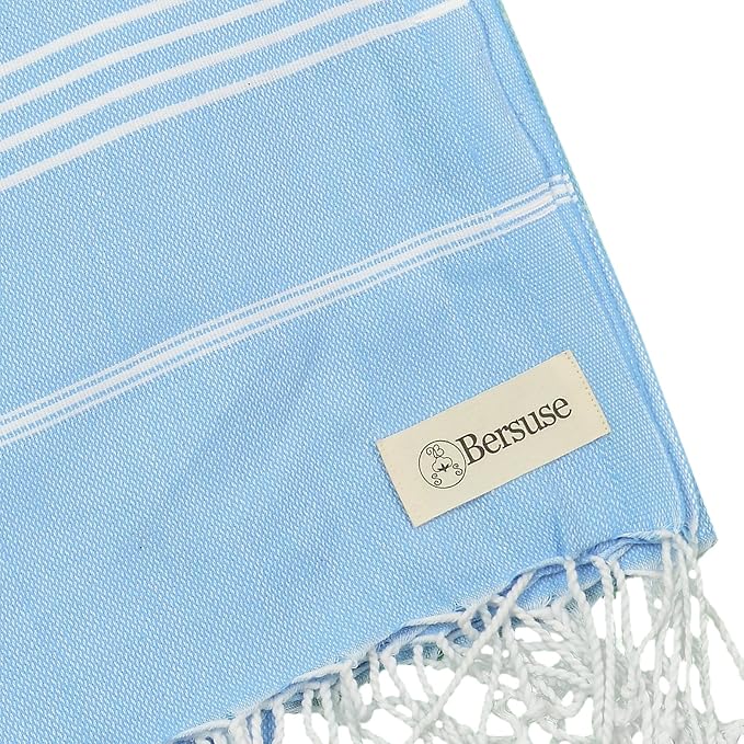 Bersuse Towels Anatolia XL Beach Blanket Throw Blanket Turkish Towel 100% Cotton Extra-Large Quick-Dry Lightweight Premium Peshtemal Towel - 61x82 Inches, Blue