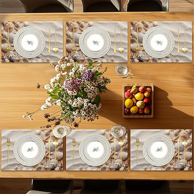 White Sand Placemats Set of 6,Starfish Seashells Waterproof Non-Slip Washable Table Mats for Kitchen Dining Holiday Party Wedding Decor 12x18 Inch
