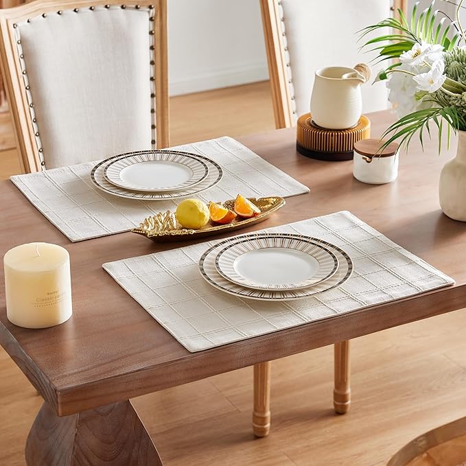 ZeeMart Linen Checked Placemats Set of 4, Plaid Embroidery Textured Table Mats, Double Layer Thick Farmhouse Rustic Place Mats for Kitchen Dining Table Home Decor, Ivory 13x19 Inch