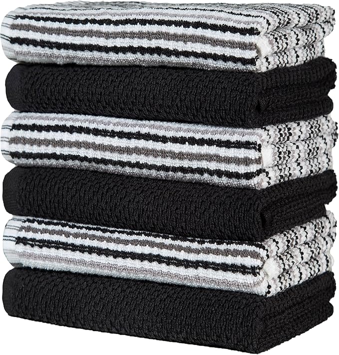 Popcorn Stripe Cotton Kitchen Towels - 6 Pack | 16'x26' | Highly Absorbent 400 GSM | Black