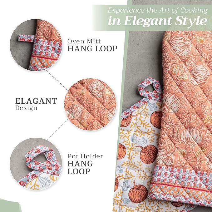 Maison d' Hermine 100% Cotton Oven Mitt & Pot Holder Set (7.5"x13" & 8"x8") Heat Resistant BBQ Cooking Gloves with Loop for Thanksgiving Christmas Decorations Handling Hot Pans (Harvest Festival)