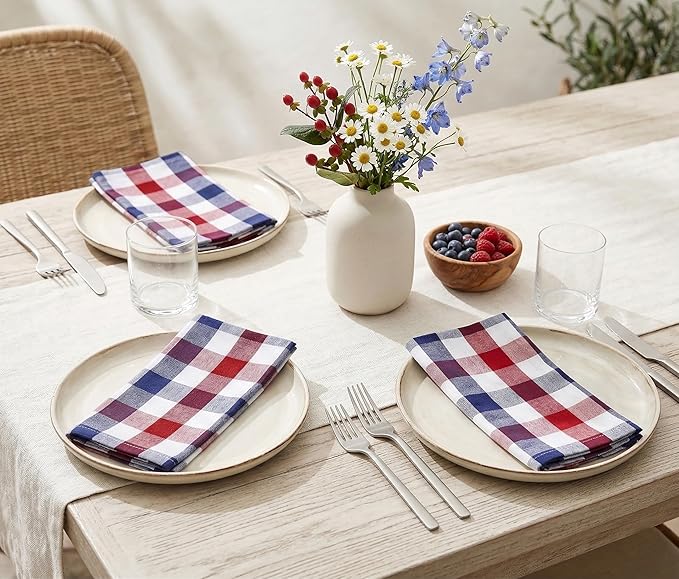 PurpleEssences 4th of July Buffalo Plaid Cloth Napkins - Mitered Corners - Summer - Gingham Check Dinner Napkin - Set of 12-100% Cotton - 18x18 Inch - Reusable Washable - Red White Blue
