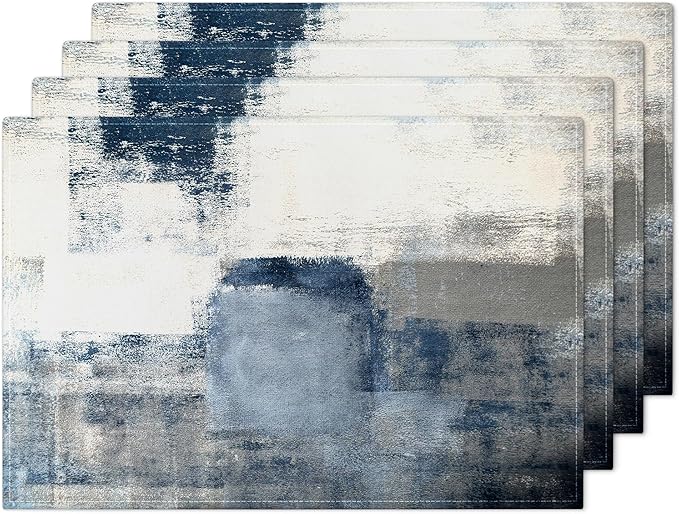 Blue and Gray Placemats Washable, Linen Rectangular Place Mats Set of 4, Dining Table Decor for Living Room, Kitchen, Farmhouse and Outdoor (White Gray, 12x18 Inch)