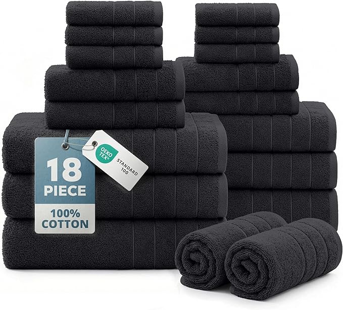 Casa Platino 100% Cotton Towel Set for Bathroom - 18 Piece - Super Soft, Hotel Quality - 6 Bath, 6 Wash Cloths, 6 Hand Towels for Bathroom - Classic, Gentle on Skin, Ideal for Spa & Daily Use - Black