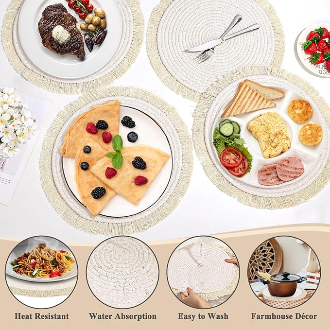Round Placemats Set of 4 Table Mats 13Inch Washable Cotton Heat Resistant for Dining Table Decor, Farmhouse Thick Rustic Kitchen Placemats Non-Slip Hand Woven Boho Placemats for Thanksgiving Christmas