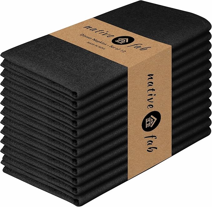 Native Fab Cloth Napkin Set of 12, 100% Cotton, Washable, Reusable Dinner Cloth Napkin 17x17 inches, Table Decor Napkins for Dinner, Events, Black