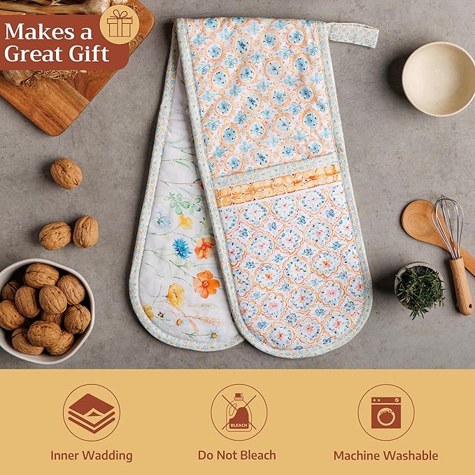 Maison d' Hermine Double Oven Mitts 100% Cotton 7"x35" Double Oven Mitt Heat Resistant BBQ Cooking Gloves with Loop Baking Grilling Gifts for Mothers Day Spring Summer (Summer Whisper)