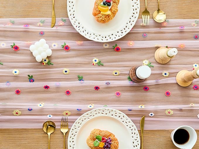 YATOJUZI Pink Table Runner Embroidery Daisy Summer Floral Decorations Seasonal Tulle Dining Table Runners for Home Kitchen Decor Wedding Shower Party
