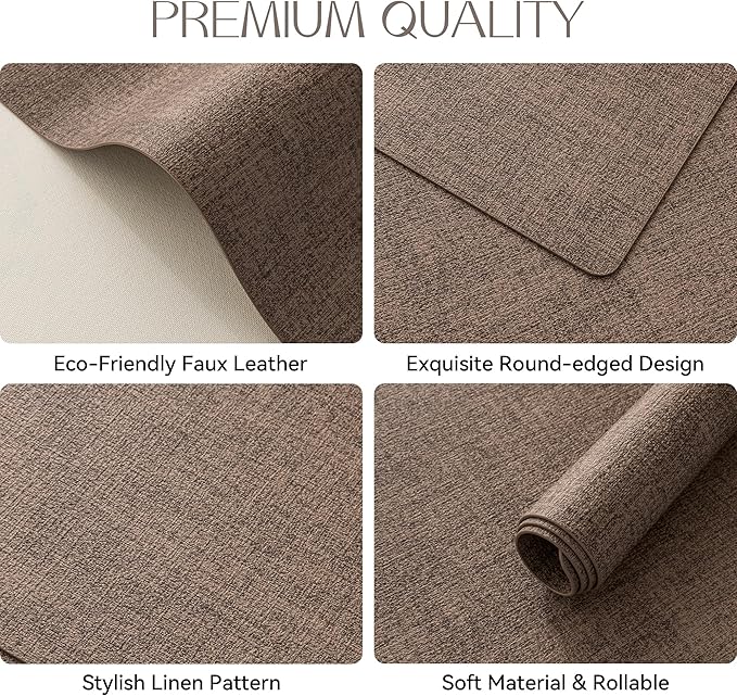 Romanstile Vinyl Placemats Set of 8-12 X 17 Inch - Faux Leather 100% Waterproof Oil-Proof Wipeable Place Mats, Heat Resistant Reversible PU Table Mats for Kitchen Dining Party Outdoor, Brown