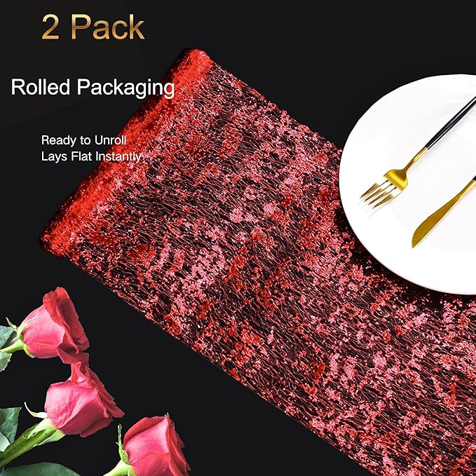 Snowkingdom 2Pcs Red Table Runner Roll Sequin Glitter Metallic Foil Sparkly Mesh Lace 108 Inches Centerpieces Table Decoration for Romantic Wedding Anniversary Birthday Hibachi Christmas Holiday Party