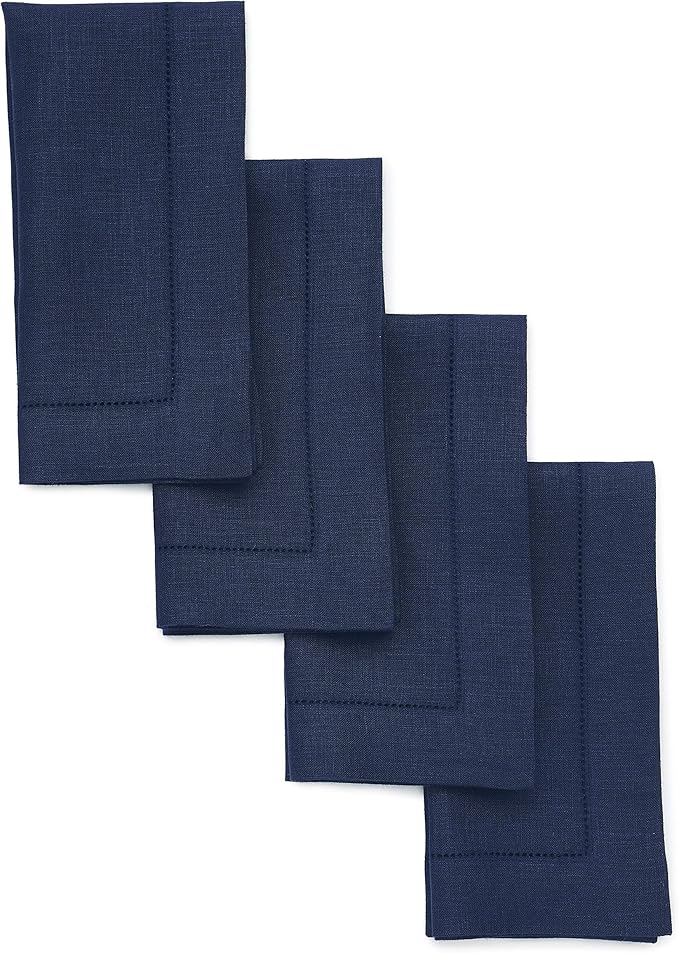 Solino Home Navy Blue Linen Napkins Set of 4-100% Pure Linen Hemstitch Dinner Napkins 20 x 20 Inch for Mothers Day, Memorial Day - Classic Hemstitch