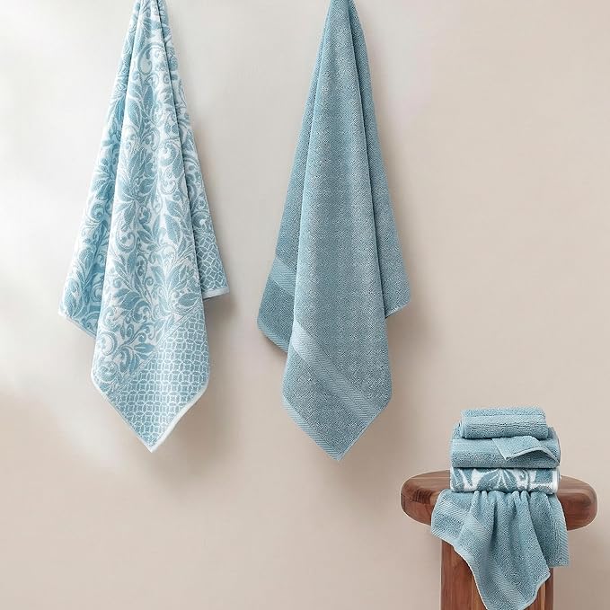 Modern Threads Botanical Vine 6-Piece 100% Cotton Towel Set – Reversible Yarn Dyed Jacquard – Includes 2 Bath Towels, 2 Hand Towels, 2 Washcloths – Absorbent, Quick Dry, Soft & Durable – Blue