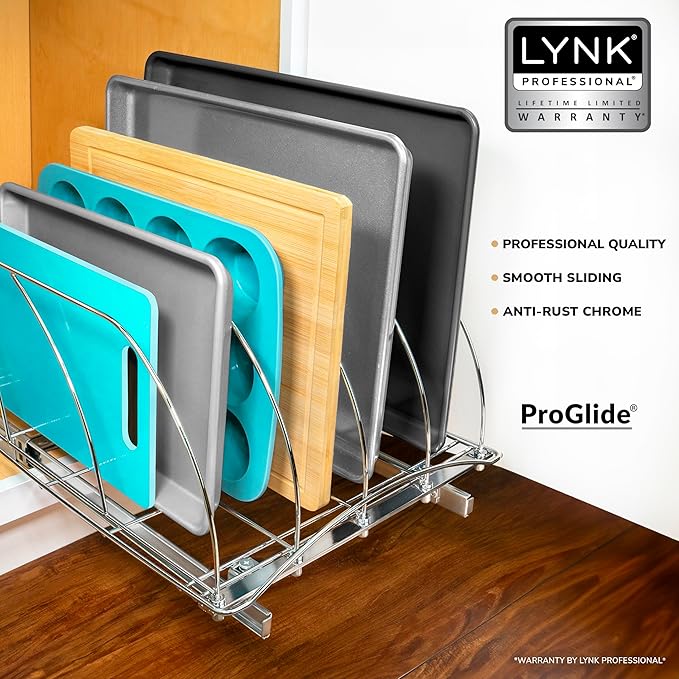 LYNK PROFESSIONAL® Pull Out Cookie Sheet Organizer for Cabinet – Baking Sheet Organizer – Sheet Pan Organizer - Lifetime Ltd. Warranty – 14” x 21” Deep Inside Cabinet, Chrome