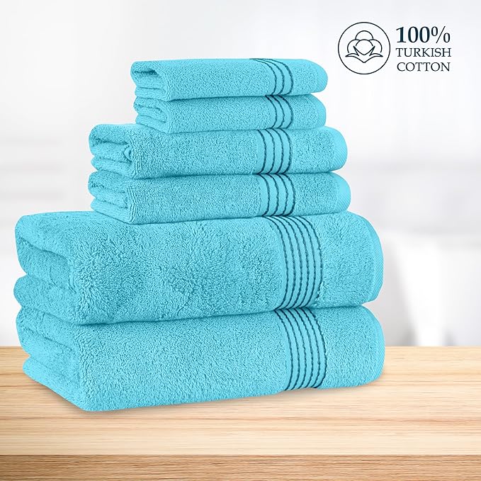 Mocassi Luxury 100% Turkish Cotton 6-Piece Towel Set - Ultra Soft, Quick Dry Highly Absorbent Premium Spa Hotel Quality Bath Towels, Includes 2 Bath Towels, 2 Hand Towels and 2 Washcloths, Aqua