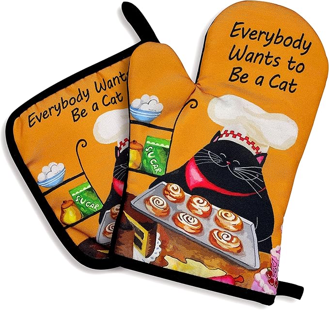 zcyhtqp, Everybody Wants to be a Cat, Funny Silicone Non-Slip Oven Mitts and Pot Holders Sets of 2, Cat Oven Mitts, Bake Lover Gift, Kitchen Gift for Cat Owner