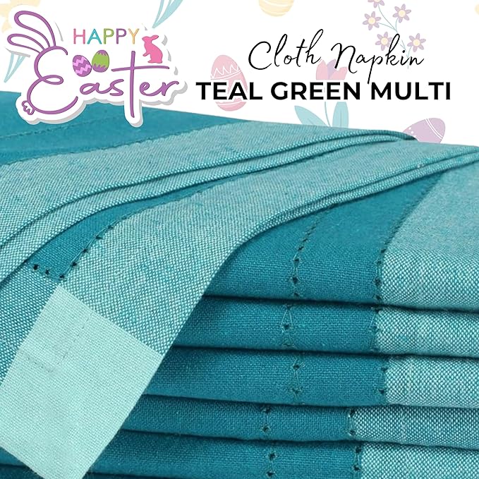 Homidate Cotton Cloth Dinner Napkins Set of 12 – 20x20 Teal Multi Double Hemstitched – Machine Washable Reusable Fabric Napkins for Weddings & Dinner Tables