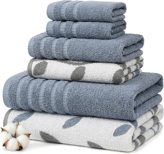 Modern Threads Natural Vine 6-Piece 100% Cotton Towel Set – Yarn Dyed Jacquard – Includes 2 Bath Towels, 2 Hand Towels, 2 Washcloths – Absorbent, Quick Dry, Soft & Durable – Blue