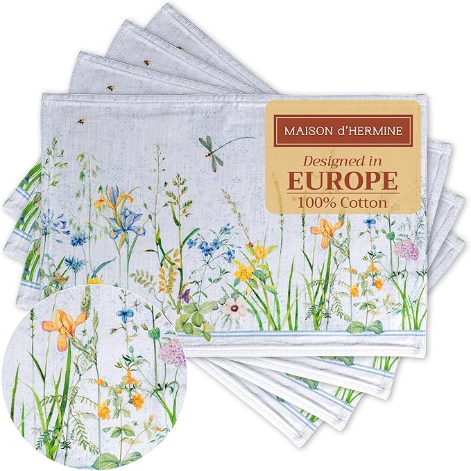 Maison d' Hermine Placemats Set of 4 100% Cotton Washable Cloth Place Mats Reusable Table Mats for Kitchen Dining Party Wedding Gifts for Mothers Day Spring/Summer (Fleurs De Mai, 13" x 19")