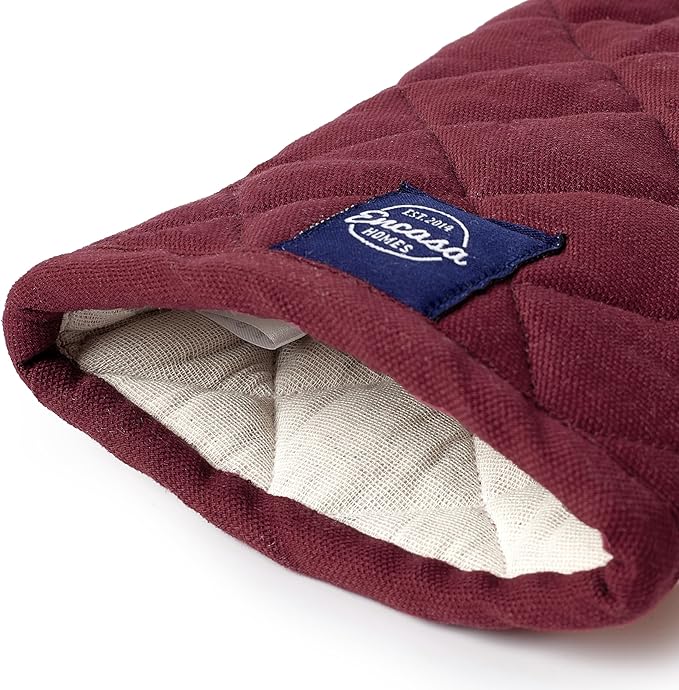 Encasa XO Heat Resistant Cotton Oven Gloves Mitts (2 Pc Set) - Quilted & Safe 12x6.6 in - for Kitchen, Cooking & Baking, Grilling, Handling Hot Pots & Pans - Maroon