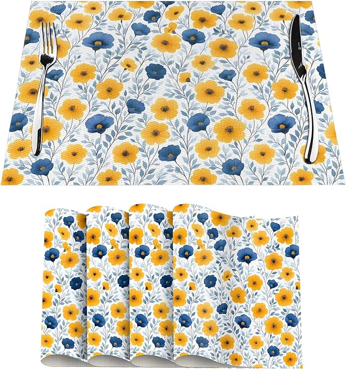 Yellow Blue Floral Linen Placemats Set of 4, Washable Heat Resistant Table Mats for Dining Table Kitchen Holiday Party Farmhouse, Gift for Floral Nature Lovers, Spring Home Decor, 12" x 18" Place Mats