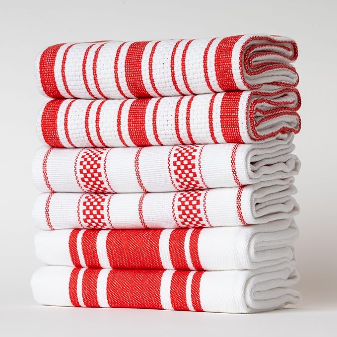 Kitchen Towels Set – Pack of 6 (20’’ x 30’’) Extra Large Premium Cotton Dish Towels for Kitchen – Absorbent – 100% Cotton – with Hanging Loop – Red Multi Design Striped