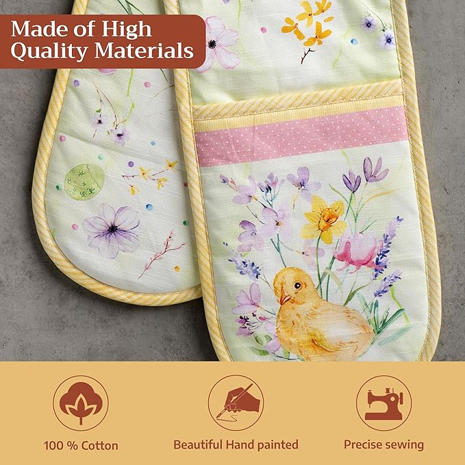 Maison d' Hermine Double Oven Mitts 100% Cotton 7"x35" Double Oven Mitt Heat Resistant BBQ Cooking Gloves with Loop Baking Grilling Gifts for Mothers Day Spring Summer (Easter Zest)
