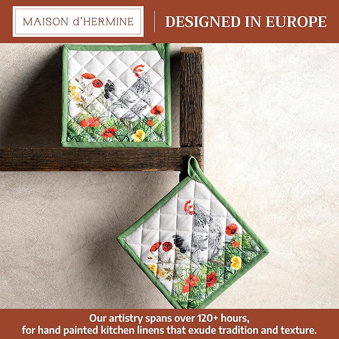 Maison d' Hermine Pot Holders 100% Cotton Heat Resistant Potholders 8" x 8" Hot Pads with Loop BBQ Cooking Baking Gifts for Mothers Day Handling Hot Pans Spring/Summer (Pack of 2, Basse Cour)