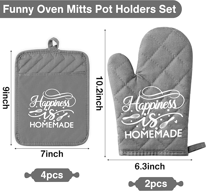 GROBRO7 6Pcs Cotton Oven Mitts and Pot Holders Set Happiness is Homemade Heat Resistant Hot Pad Machine Washable Microwave Gloves with Hanging Loop Pocket Potholder for Kitchen Baking Cooking Grilling