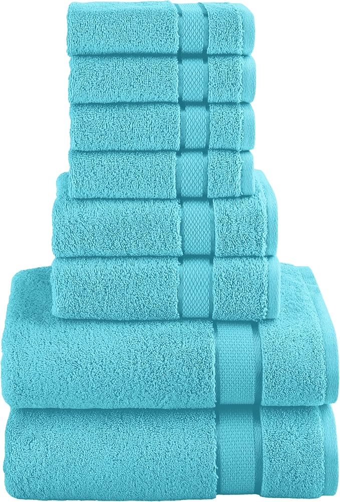 Elegant Comfort Premium Cotton 8-Piece Towel Set, Includes 4 Washcloths, 2 Hand Towels and 2 Bath Towels, 100% Turkish Cotton - Highly Absorbent and Super Soft Towels for Bathroom, Aqua