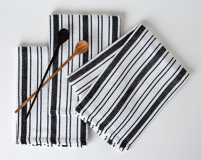 Kitchen Towels Set – Pack of 3 (20’’ x 30’’) Extra Large Premium Cotton Dish Towels for Kitchen – Basket Weave Towels – Absorbent – 100% Cotton – with Hanging Loop – Black