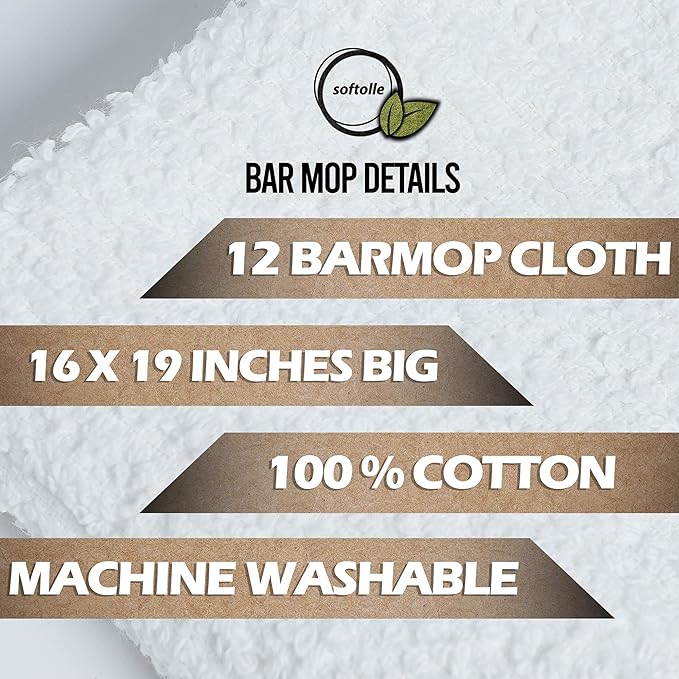 Softolle Bar Mop Towels, Pack of 12-16x19 Inches - 100% Cotton Super Absorbent Towels, Multi-Purpose for Home and Bar Cleaning (White)