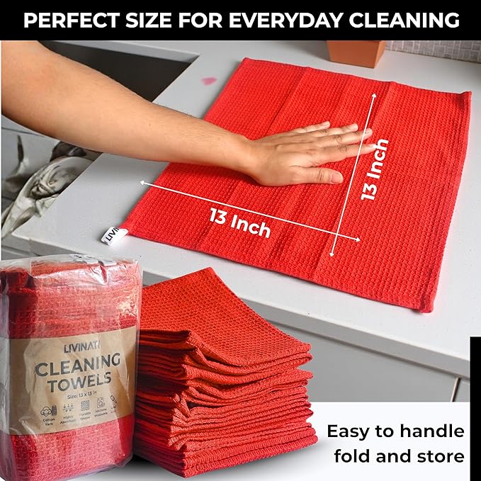 Red Cotton Cleaning Rags for Housekeeping - Trapos Paños De Limpieza Reutilizables - Kitchen Bar Shop Towel Dish Mop Wash Cloth for House Dust - Reusable Washable Absorbent - 13"x13" 12 Pack