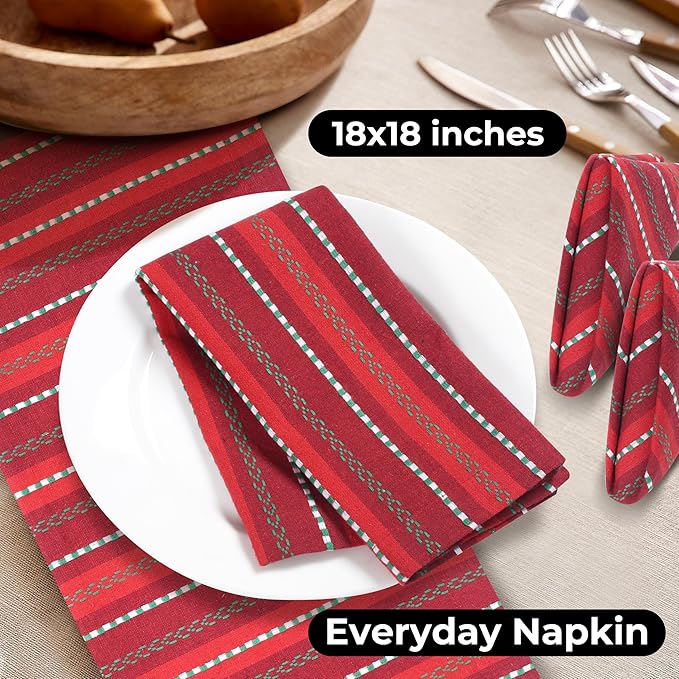 Bedding Craft Cotton Cloth Napkins Set of 12-18x18 Inch Machine Washable Dinner Napkins, Set of 12 Red Green Multi Salsa Stripe Napkins, Wedding Napkins, Cotton Cloth Napkins for Everyday Use
