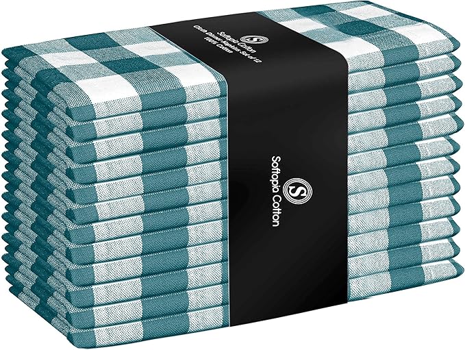Napkin 100% Cotton Cloth Napkin Decorative Washable Gingham Buffalo Check Plaid Napkins Set of 12 for Home, Kitchen, Dining, Cocktail Parties & Camping - Teal White (18”X18”)