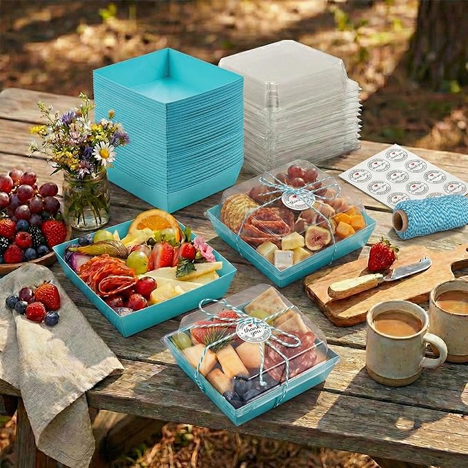 Leafiew 50 Pack Small Charcuterie Boxes with Clear Lids - To Go Paper Mini Charcuterie Box, Disposable Food Containers, 5Inch Dessert Boxes - Sandwich, Cookie, Sushi, Cake Slice, Strawberries (Blue)
