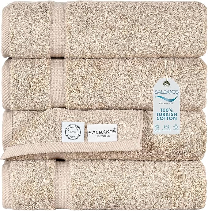 SALBAKOS 100% Turkish Cotton Bath Towels | 4 Piece Turkish Bath Towels Taupe 27x54 in Standard Size | Premium Hotel Quality, Super Absorbent, Thick & Plush Turkish Bath Towel (Taupe, 4 Bath Towels)