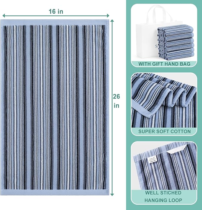 SALAS Premium Kitchen Dish Towels for Drying Dishes, Large Cotton Kitchen Towels, Stripped Terry Dish Cloths, Thick Highly Absorbent Towel Sets with Hanging Loop, 16" X 26", 6 Packs Blue