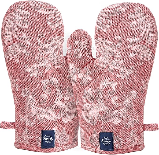 Encasa XO Oven Gloves Heat Resistant | Microwave Cooking Mittens for Baking & Kitchen Use | 12x7 in | Cotton Utensil Holder - Chambray Fabric (Pack of 2, Red)