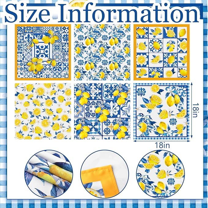 Sratte 12 Pcs Capri Lemon Cloth Napkins Mediterranean Yellow Blue Floral Cloth Napkin Italian Style Dinner Towel Amalfi Coast Party Decorations for Home Dinner Party Kitchen Wedding Cocktail