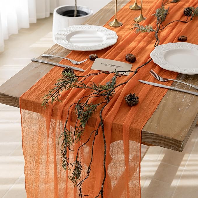Keketoarrange 6pcs Orange Gauze Rustic Cheesecloth Table Runner 120 Inch 10 FT for Wedding Baby Shower Bridal Shower Birthday Engagement Garden Outdoor Party Long Sheer Boho Decorations