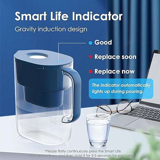 Waterdrop Water Filter Pitcher, 200-Gallon Long-Life, 10-Cup Large Water Filter Pitcher, Improved Coffee & Tea Taste, NSF Certified, 5X Times Lifetime, Reduces PFOA/PFOS, Chlorine, Classic Blue