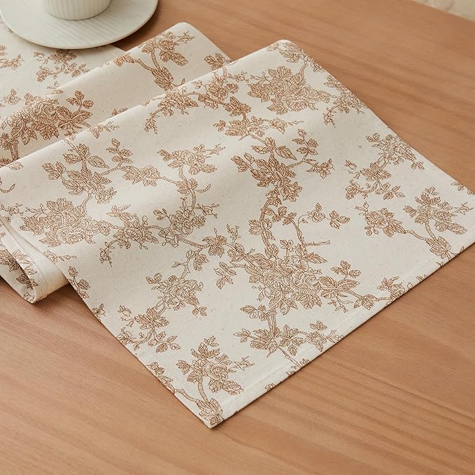 100% Cotton French Pastoral Table Runners, 13x72 Inch Brown Farmhouse Table Runners 72 Inches Long, Vintage Flowers Print Home Decors