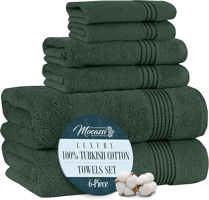 Mocassi Luxury 100% Turkish Cotton 6-Piece Towel Set - Ultra Soft, Quick Dry Highly Absorbent Premium Spa Hotel Quality Bath Towels,Includes 2 Bath Towels, 2 Hand Towels and 2 Washcloths, Hunter Green