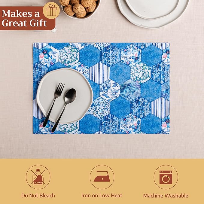 Maison d' Hermine Placemats Set of 4 100% Cotton Washable Cloth Place Mats Reusable Table Mats for Kitchen Dining Party Wedding Gifts for Mothers Day Spring/Summer (Summer Blues, 13" x 19")